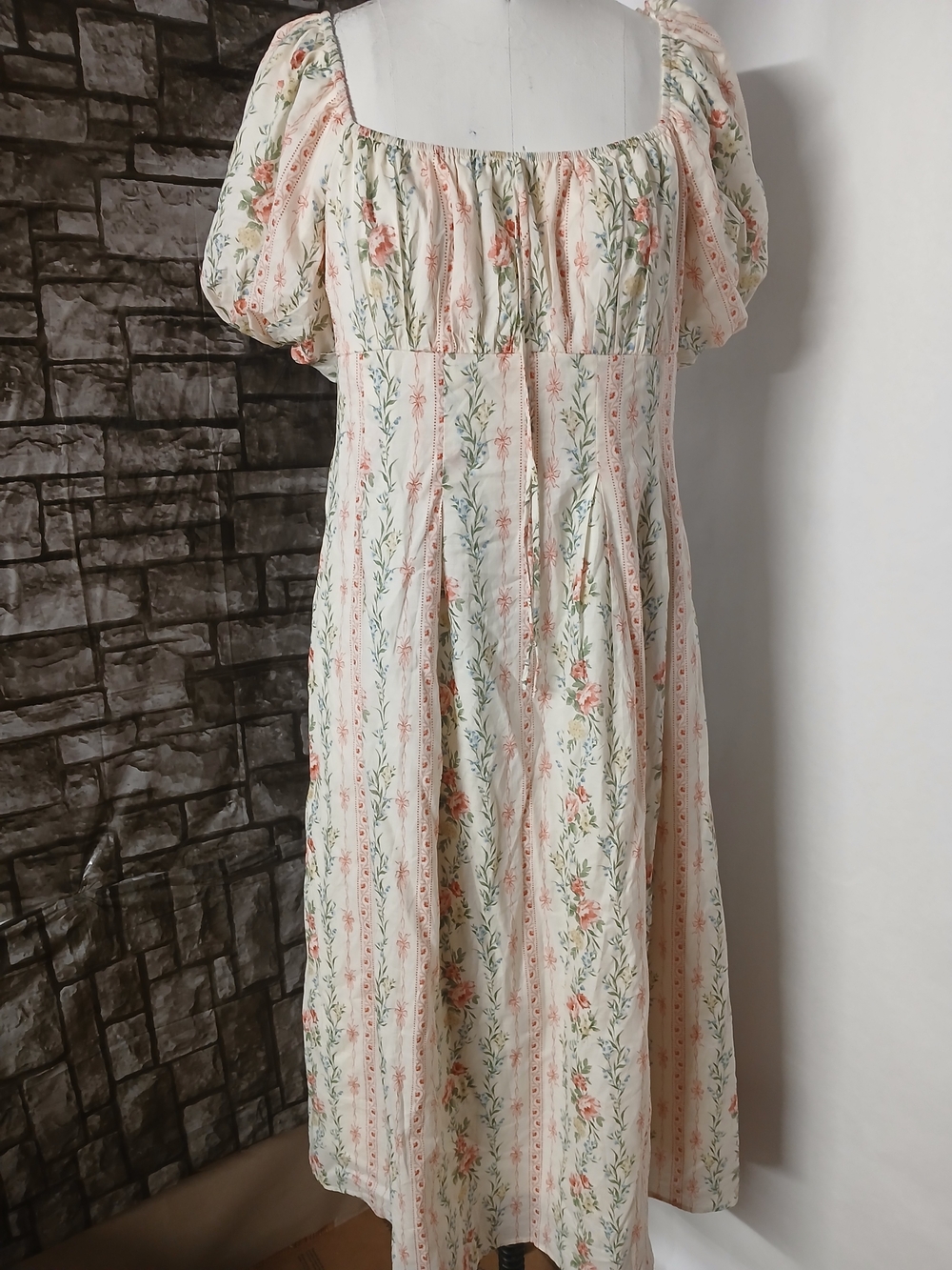 Storia Cream Maxi Dress with Peach & Green Floral Stripe